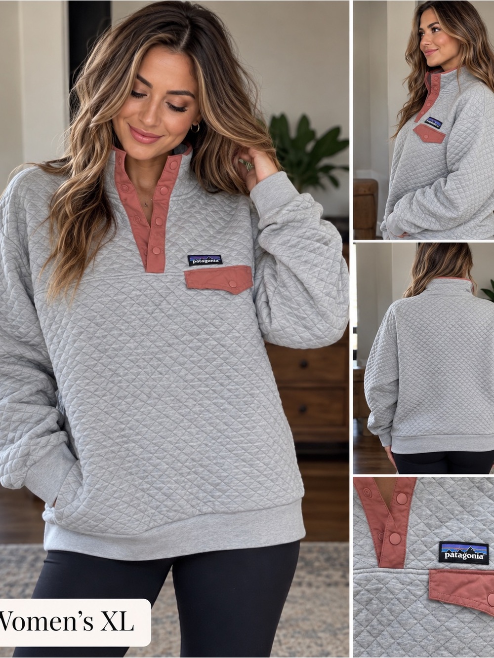 Patagonia Quilted Pullover Sweatshirt in Light Gray with Dusty Rose Trim